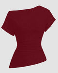 Ruched One Shoulder Asymmetric Top in Maroon