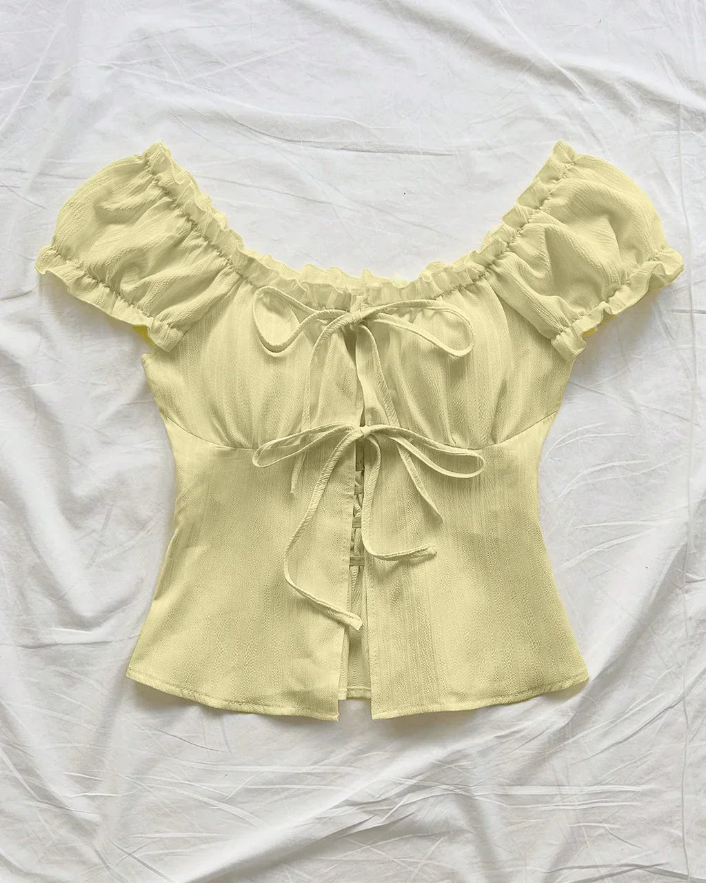 Ruched Puff Sleeve Tie Front Blouse in French Vanilla