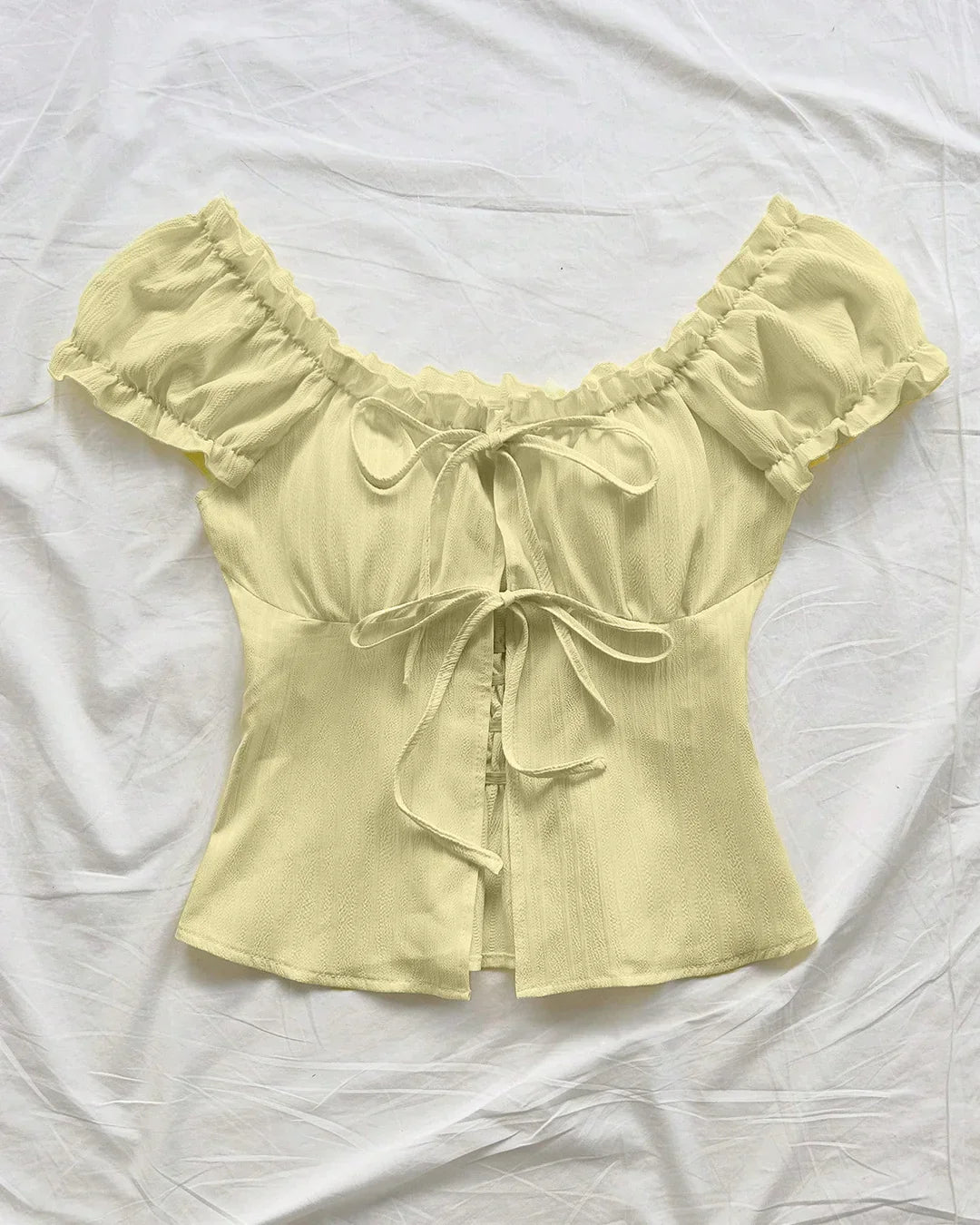 Ruched Puff Sleeve Tie Front Blouse in French Vanilla