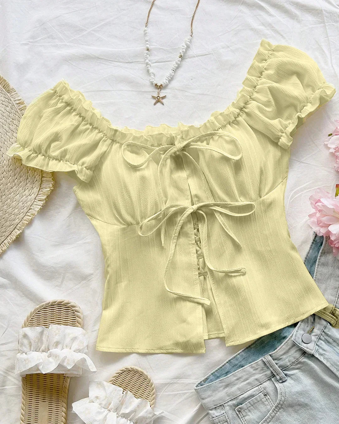 Ruched Puff Sleeve Tie Front Blouse in French Vanilla