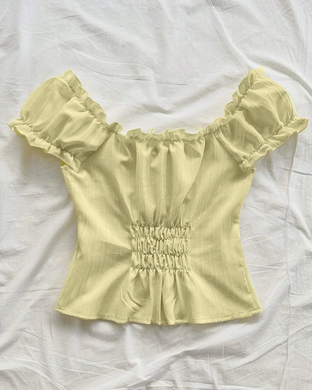 Ruched Puff Sleeve Tie Front Blouse in French Vanilla