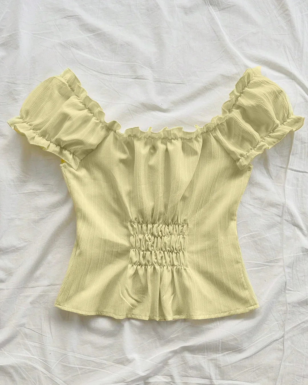 Ruched Puff Sleeve Tie Front Blouse in French Vanilla