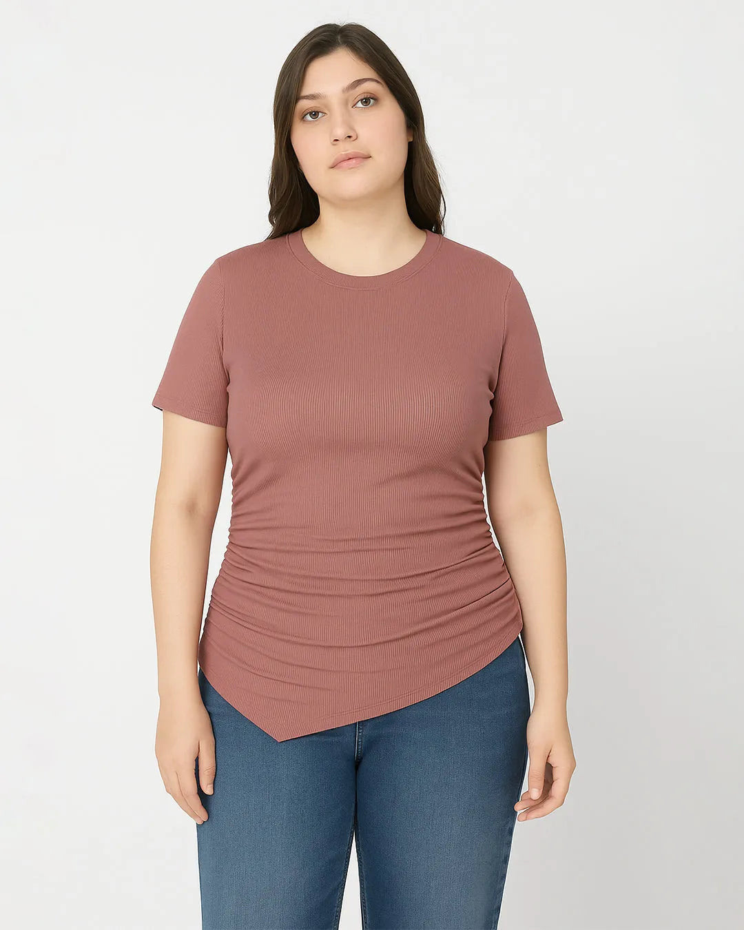 Ruched Round Neckline Short Sleeve Top In Pink Curve & Plus