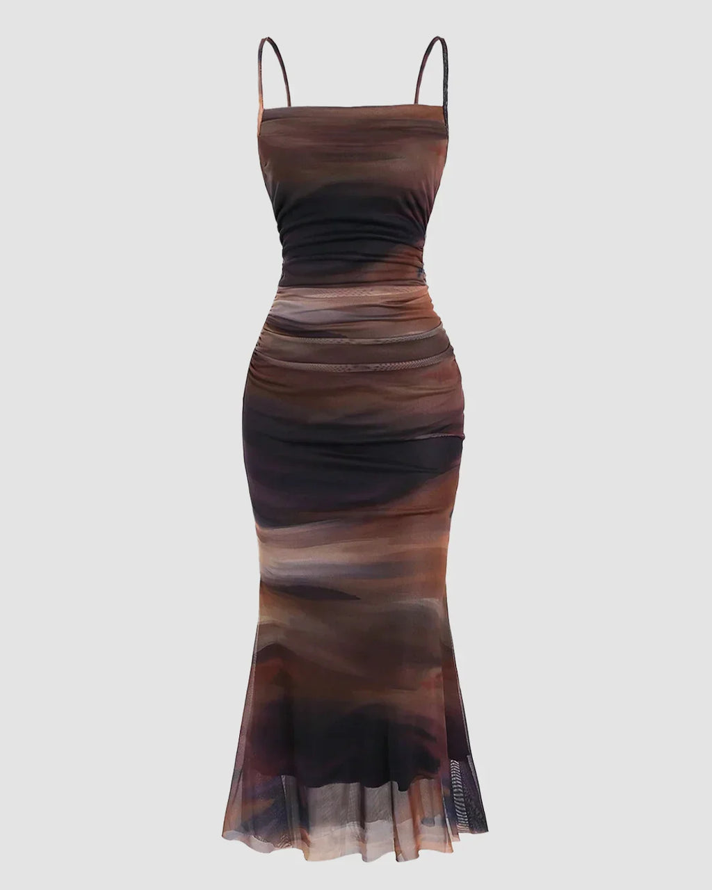 Ruched Sheer Mesh Mermaid Hem Dress