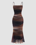 Ruched Sheer Mesh Mermaid Hem Dress