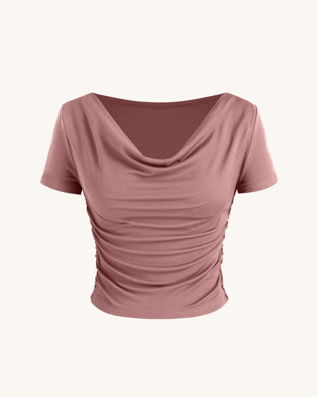 Ruched Short-Sleeve Cowl Neck Top In Pink