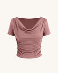Ruched Short-Sleeve Cowl Neck Top In Pink