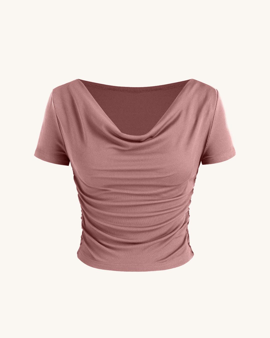 Ruched Short-Sleeve Cowl Neck Top In Pink