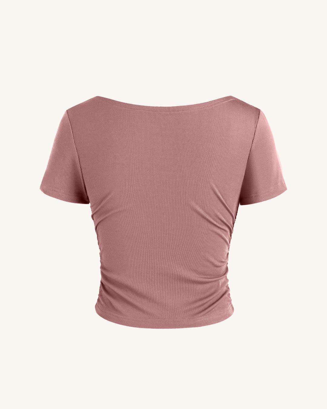 Ruched Short-Sleeve Cowl Neck Top In Pink