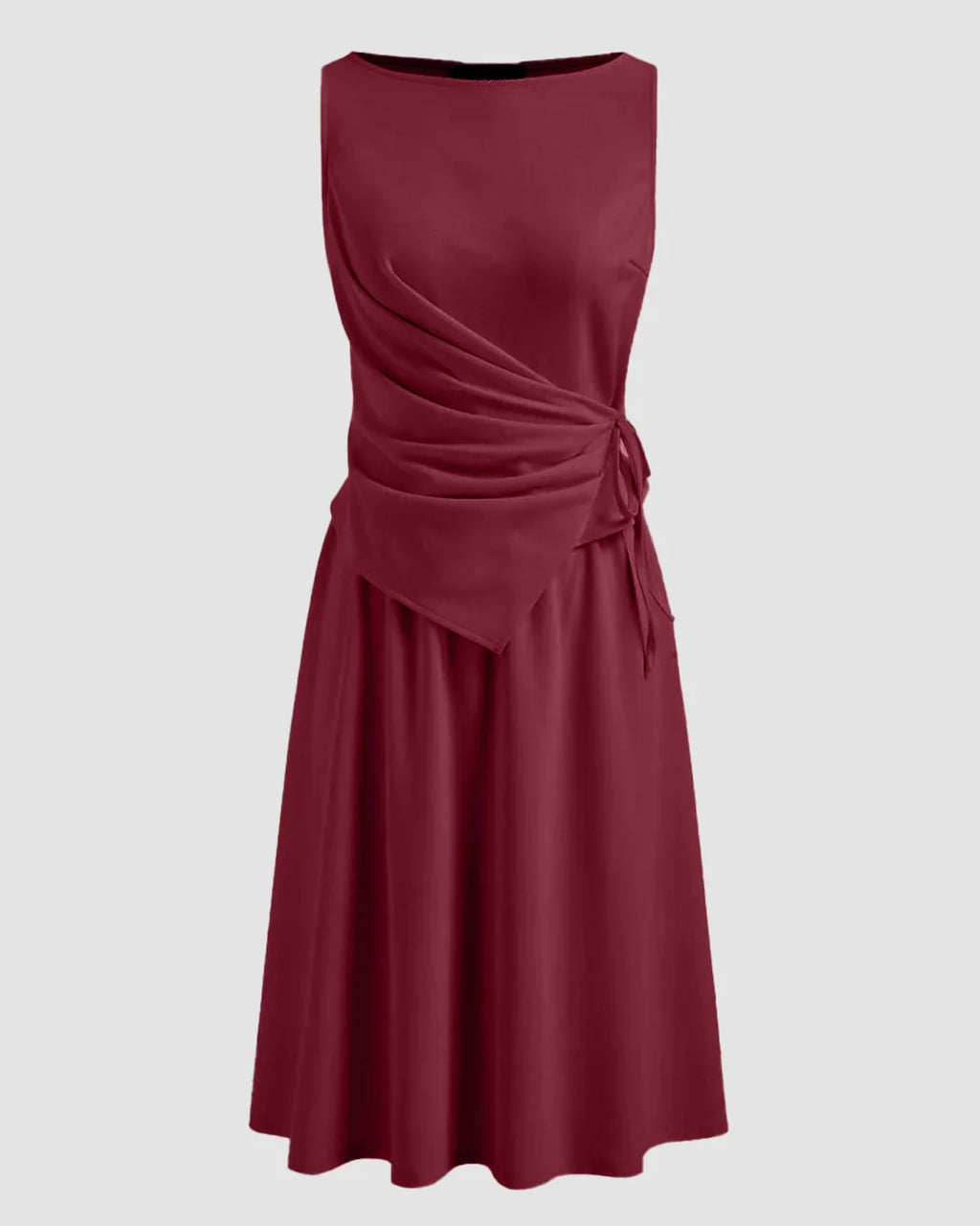 Ruched Side Tie A-Line Midi Dress in Burgundy