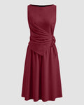 Ruched Side Tie A-Line Midi Dress in Burgundy