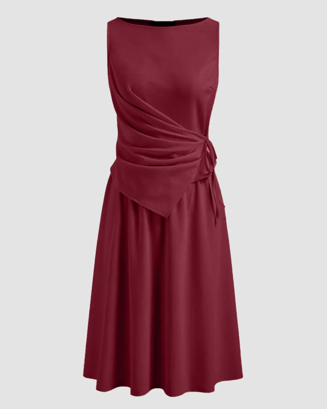 Ruched Side Tie A-Line Midi Dress in Burgundy