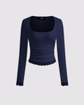 Ruched Square Neck Full Sleeve Solid Top in Navy Blue