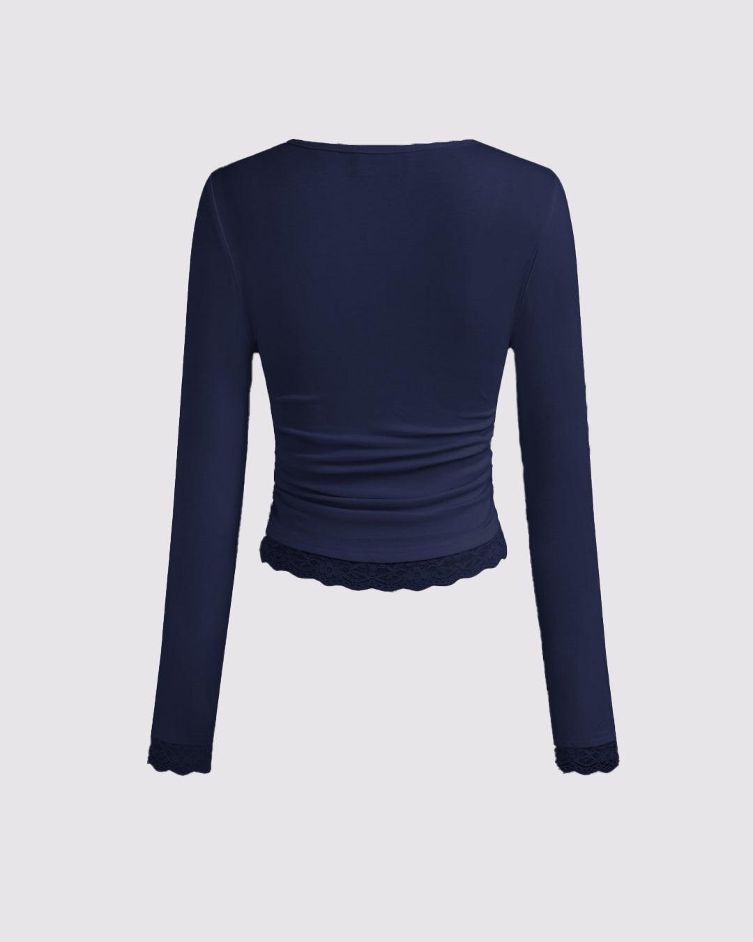 Ruched Square Neck Full Sleeve Solid Top in Navy Blue