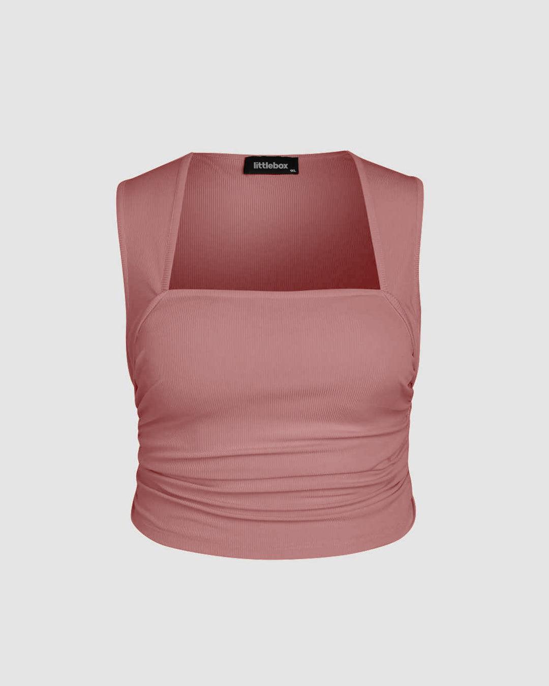 Ruched Square Neck Pink Crop Top Curve & Plus