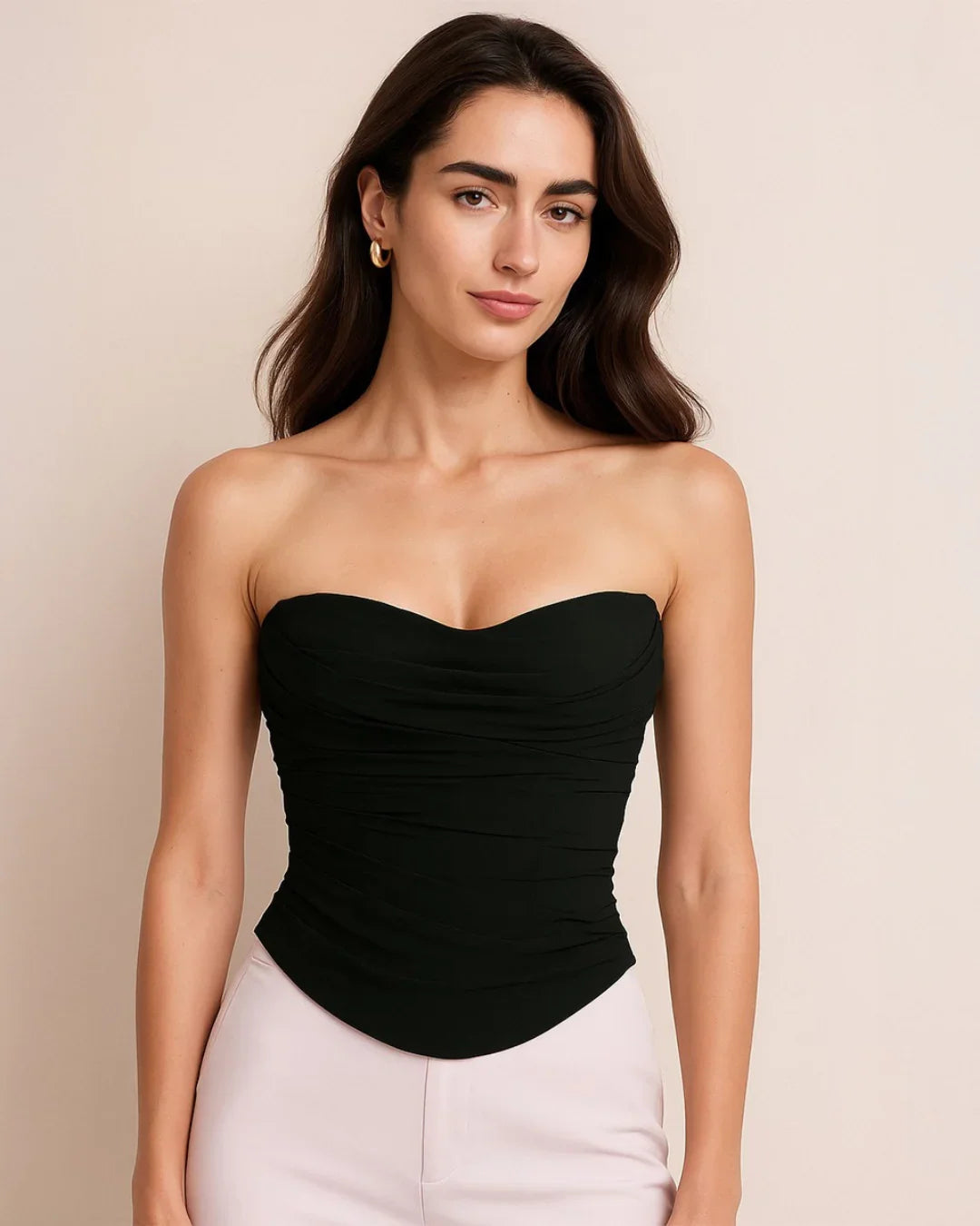 Ruched Strapless Corset Style Tube Top in Black