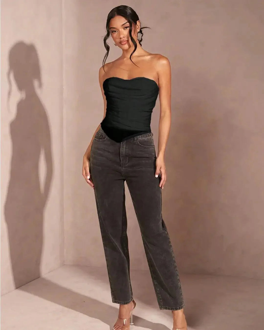 Ruched Strapless Corset Style Tube Top in Black