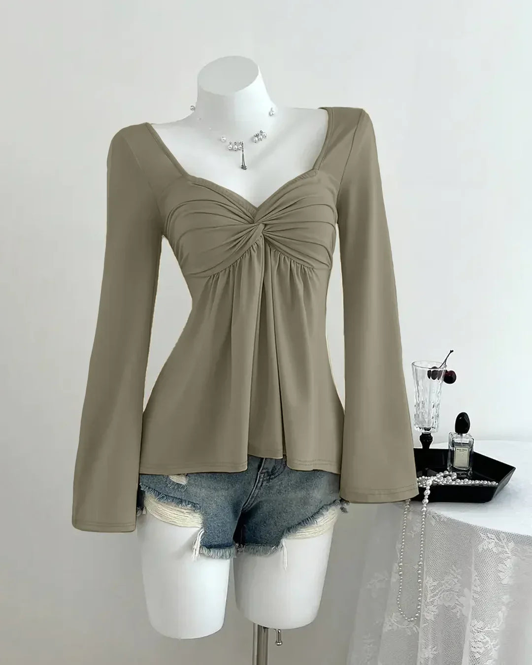 Ruched Sweetheart Neck Long Sleeve Fitted Top in Olive Green