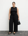 Ruched Tank Top And Elastic Waist Tie Black Set Curve & Plus