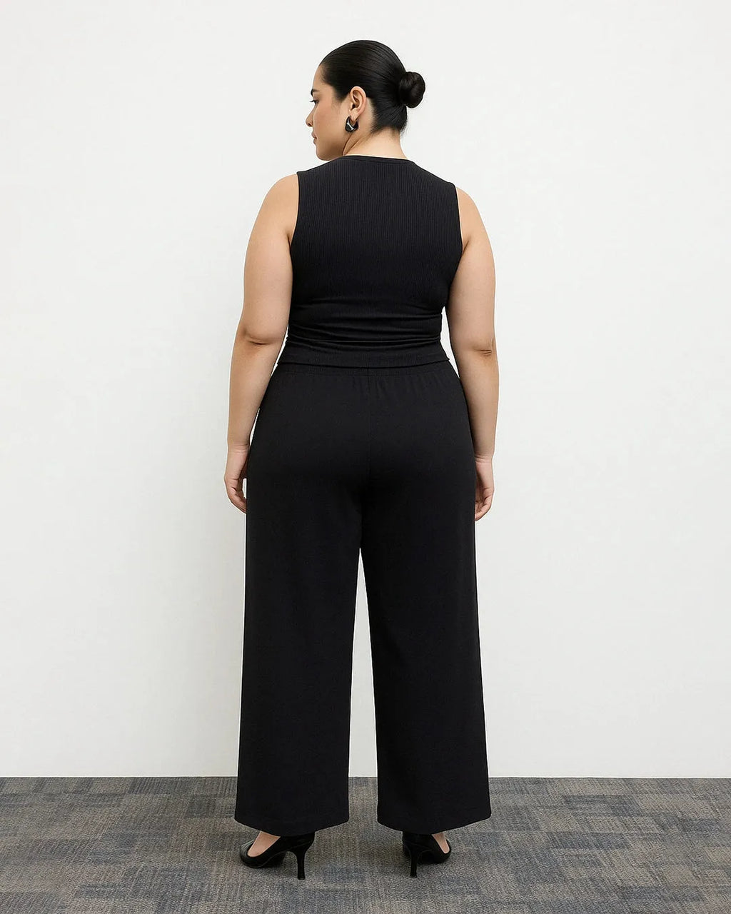Ruched Tank Top And Elastic Waist Tie Black Set Curve & Plus