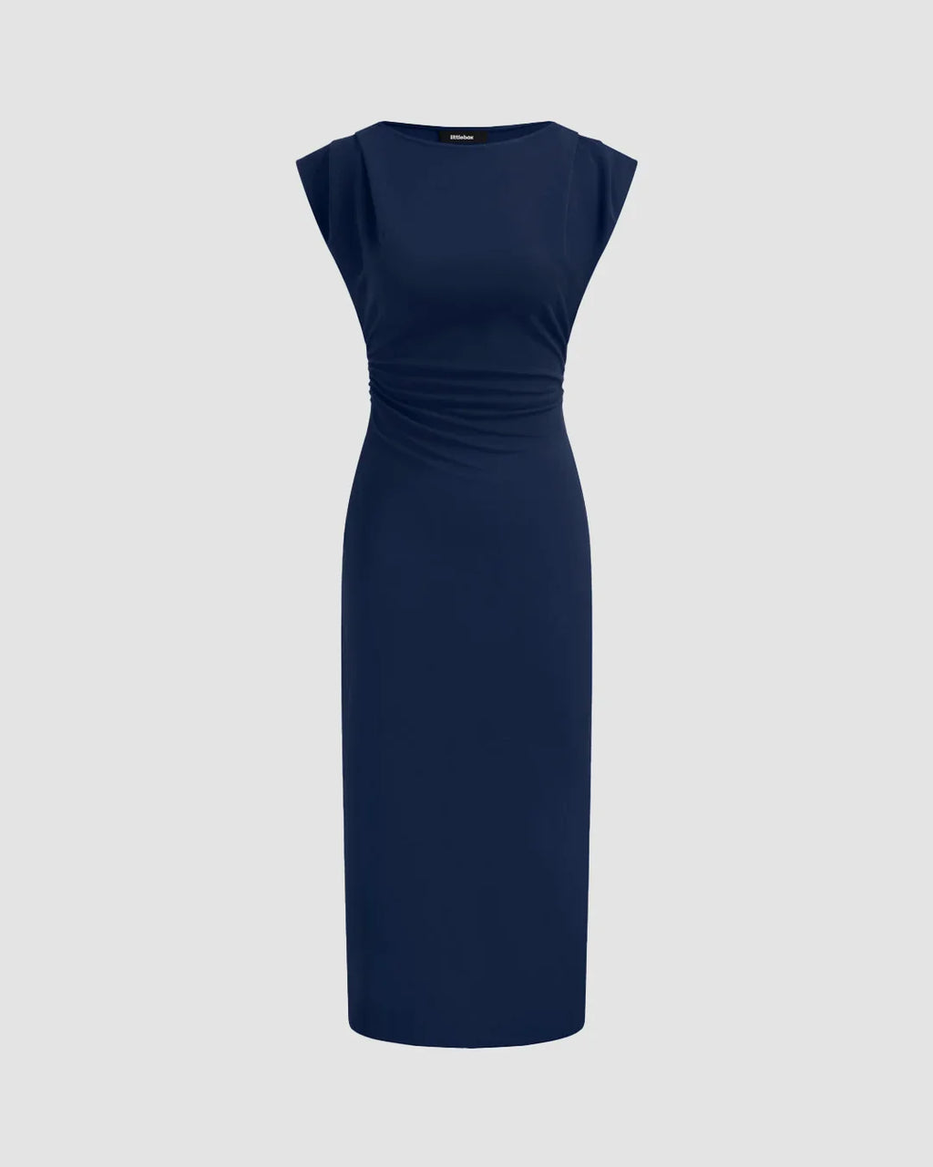 Sleeveless Ruched Bodycon Midi Dress in Navy Blue