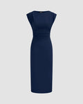 Sleeveless Ruched Bodycon Midi Dress in Navy Blue