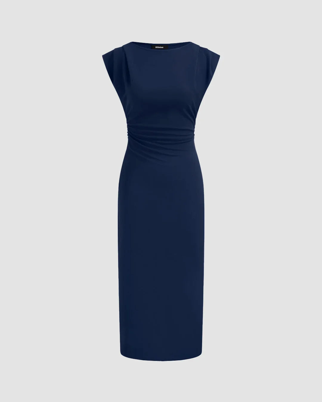 Sleeveless Ruched Bodycon Midi Dress in Navy Blue