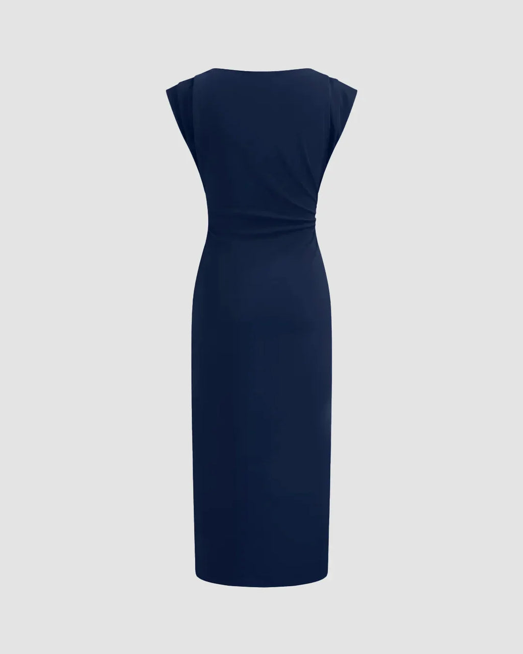 Sleeveless Ruched Bodycon Midi Dress in Navy Blue