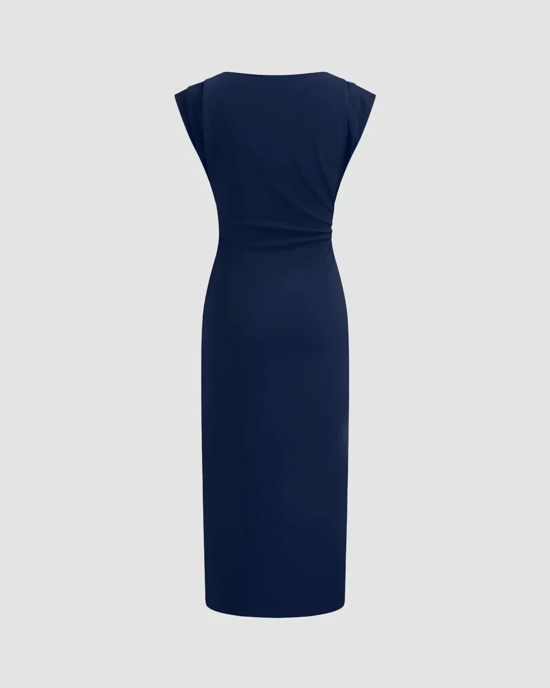 Sleeveless Ruched Bodycon Midi Dress in Navy Blue