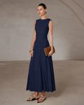 Ruched Waist Sleeveless Navy Blue Maxi Dress