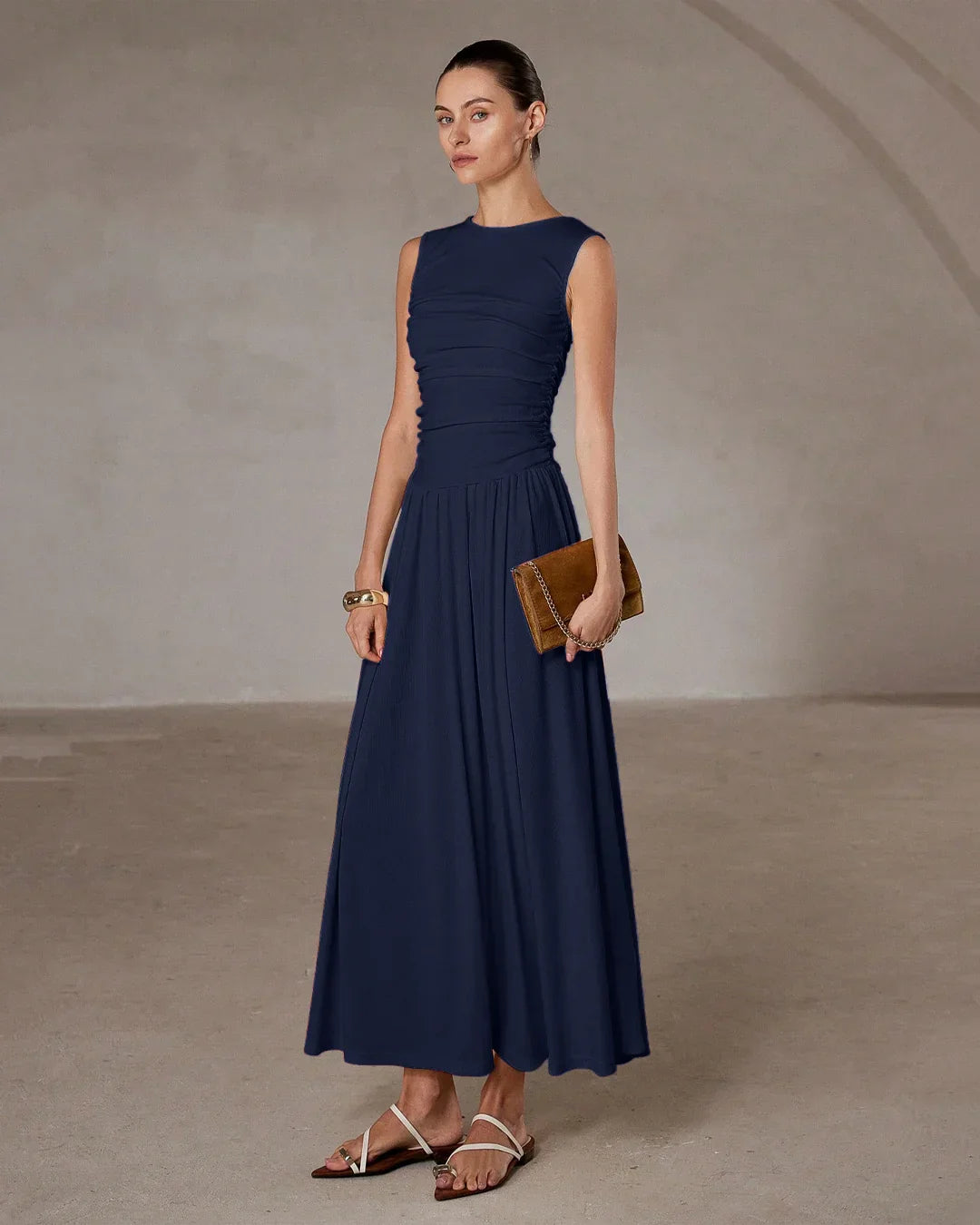 Ruched Waist Sleeveless Navy Blue Maxi Dress