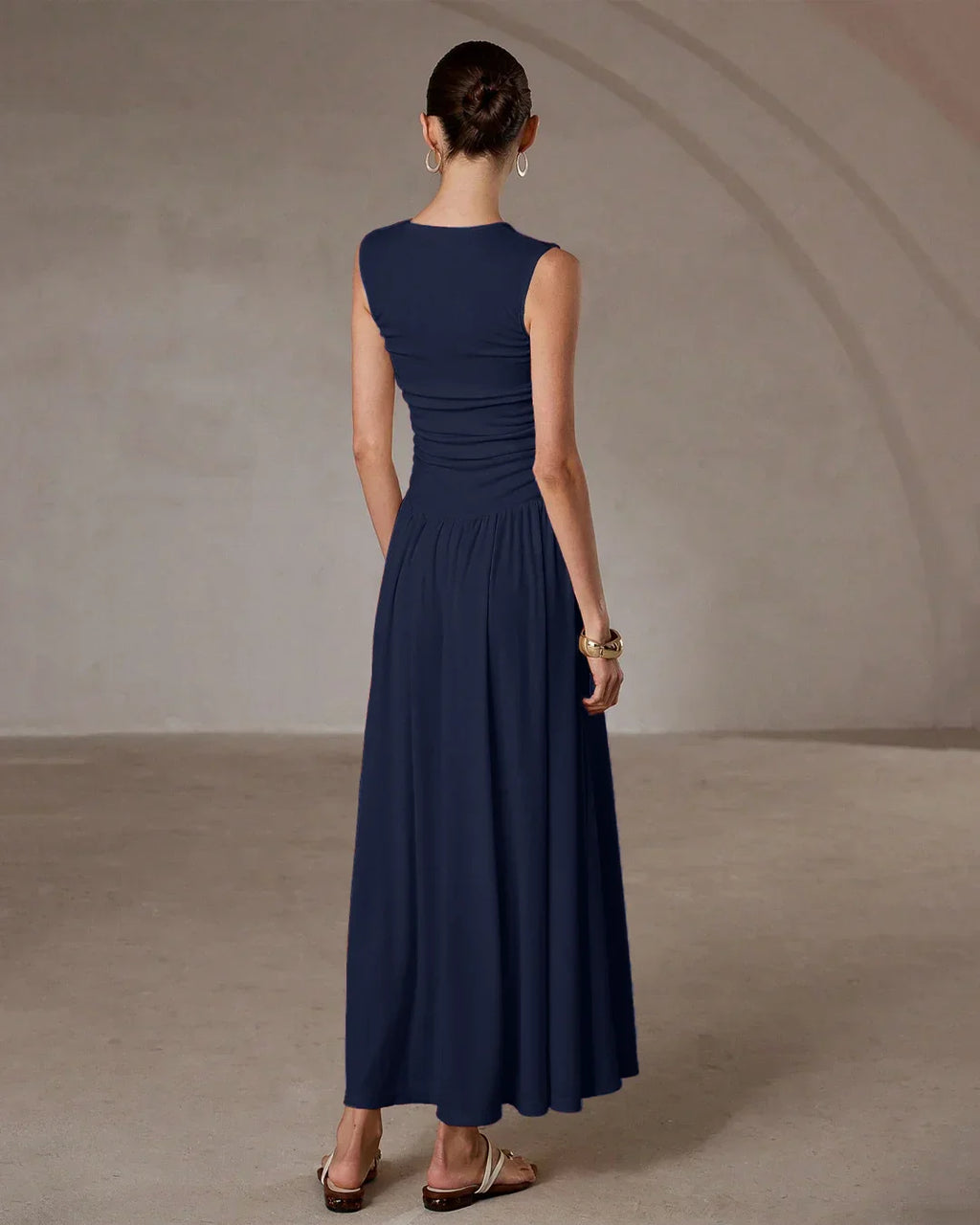 Ruched Waist Sleeveless Navy Blue Maxi Dress