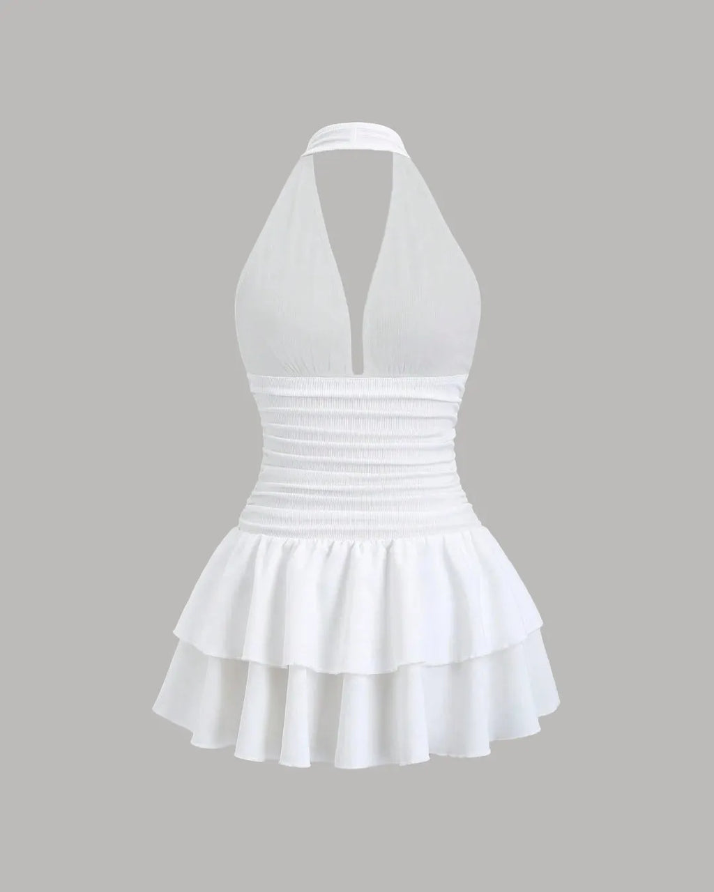 Ruched White Halter Neck Mini Dress with Tiered Layers