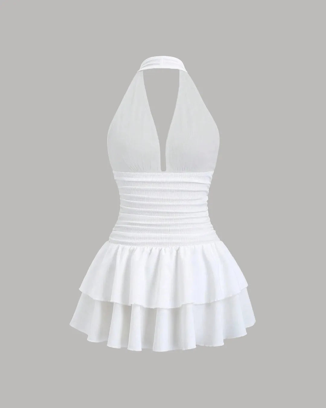 Ruched White Halter Neck Mini Dress with Tiered Layers