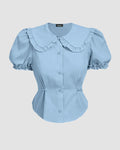 Ruffle Collar Puff Sleeve Fitted Blouse in Sky Blue