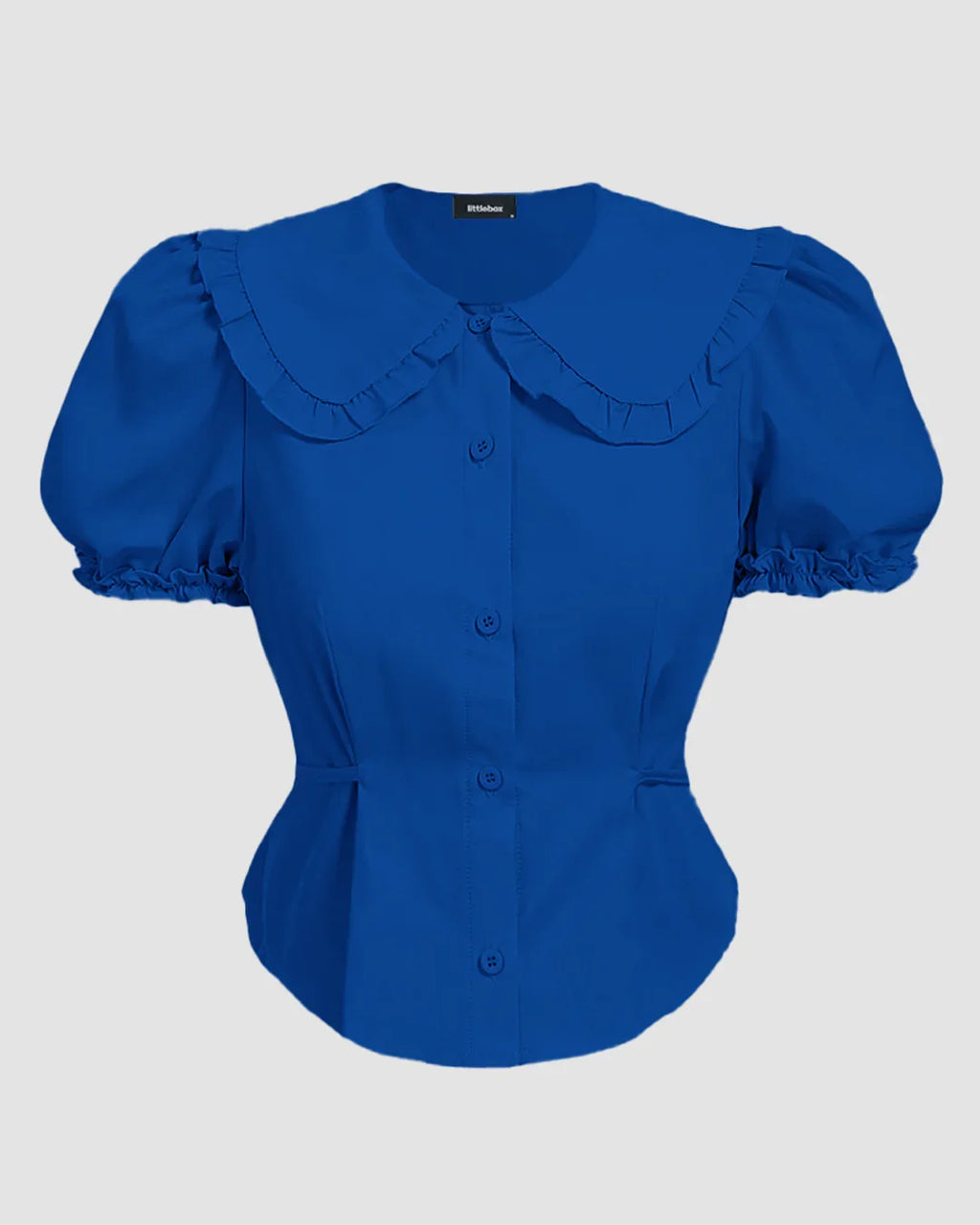 Ruffle Collar Puff Sleeve Fitted Blouse in Surf Blue