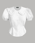 Ruffle Collar Puff Sleeve Fitted Blouse in White