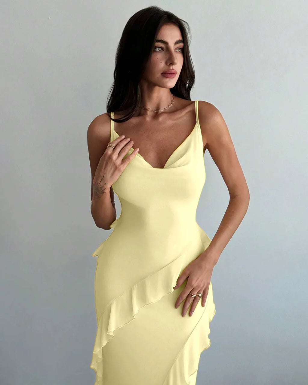 Ruffle Detail Spaghetti Strap French Vanilla Dress