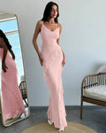 Ruffle Detail Spaghetti Strap Light Pink Maxi Dress