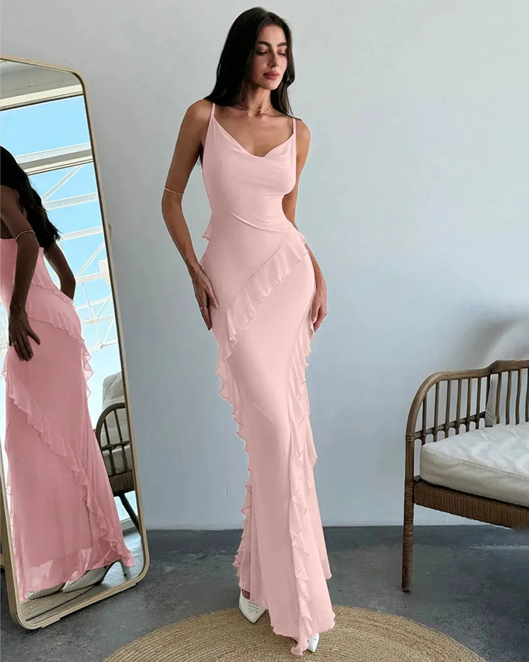 Ruffle Detail Spaghetti Strap Light Pink Maxi Dress