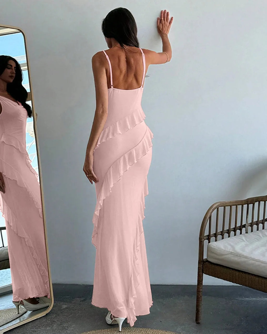Ruffle Detail Spaghetti Strap Light Pink Maxi Dress