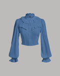 Ruffle Trim Flounce Sleeve Cropped Long Sleeve Top In Blue