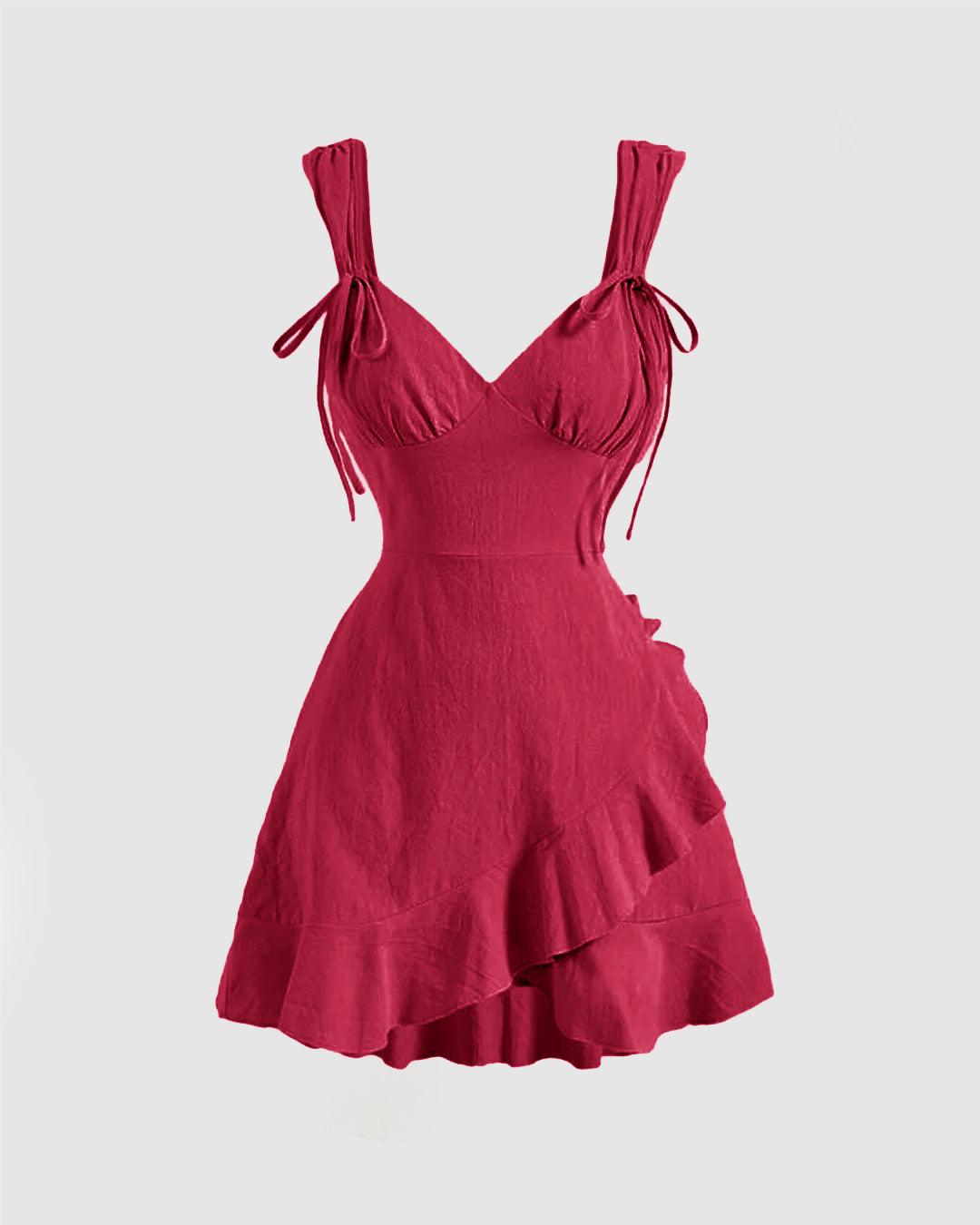 Ruffle Wrap V Neck Short Sleeve Tie Knot Short Dress In Hot Pink