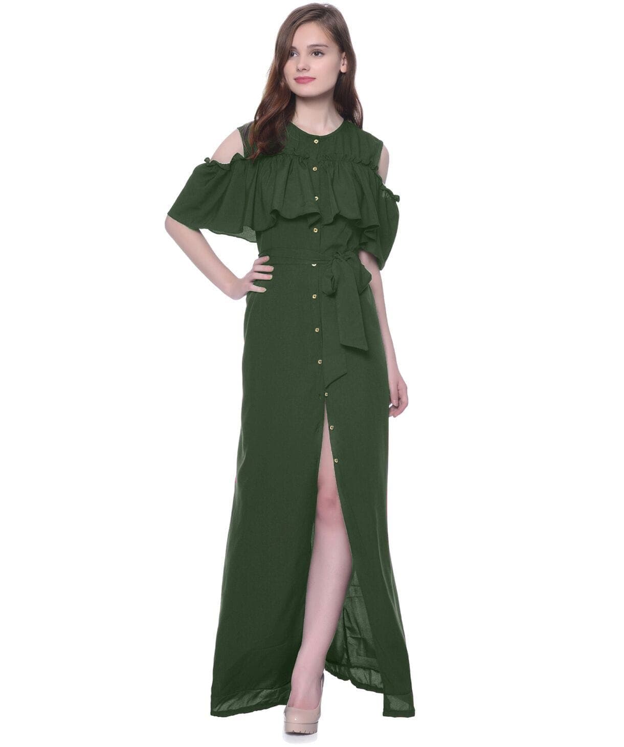 Ruffled Buttoned Cold Shoulder Maxi Dress