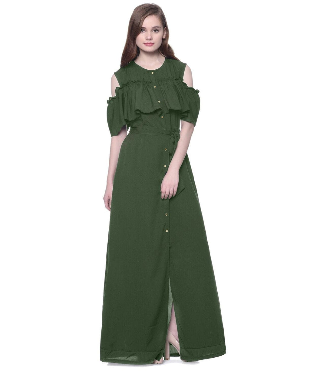 Ruffled Buttoned Cold Shoulder Maxi Dress