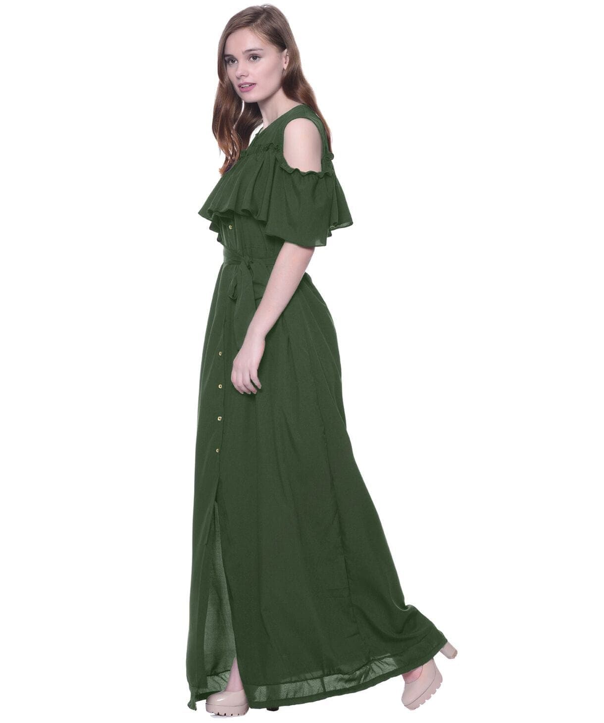 Ruffled Buttoned Cold Shoulder Maxi Dress