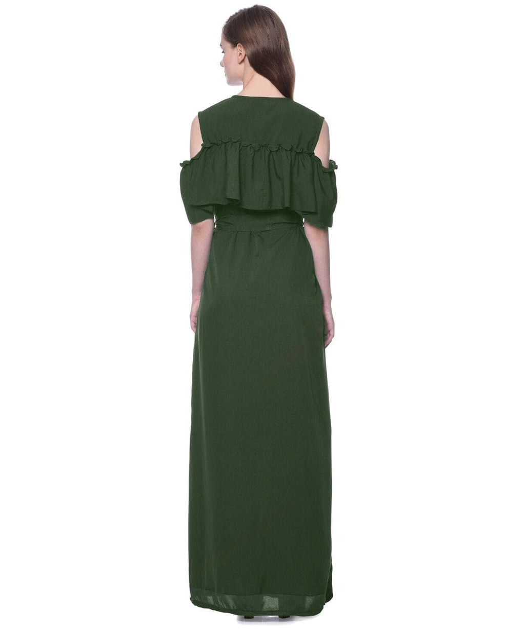 Ruffled Buttoned Cold Shoulder Maxi Dress