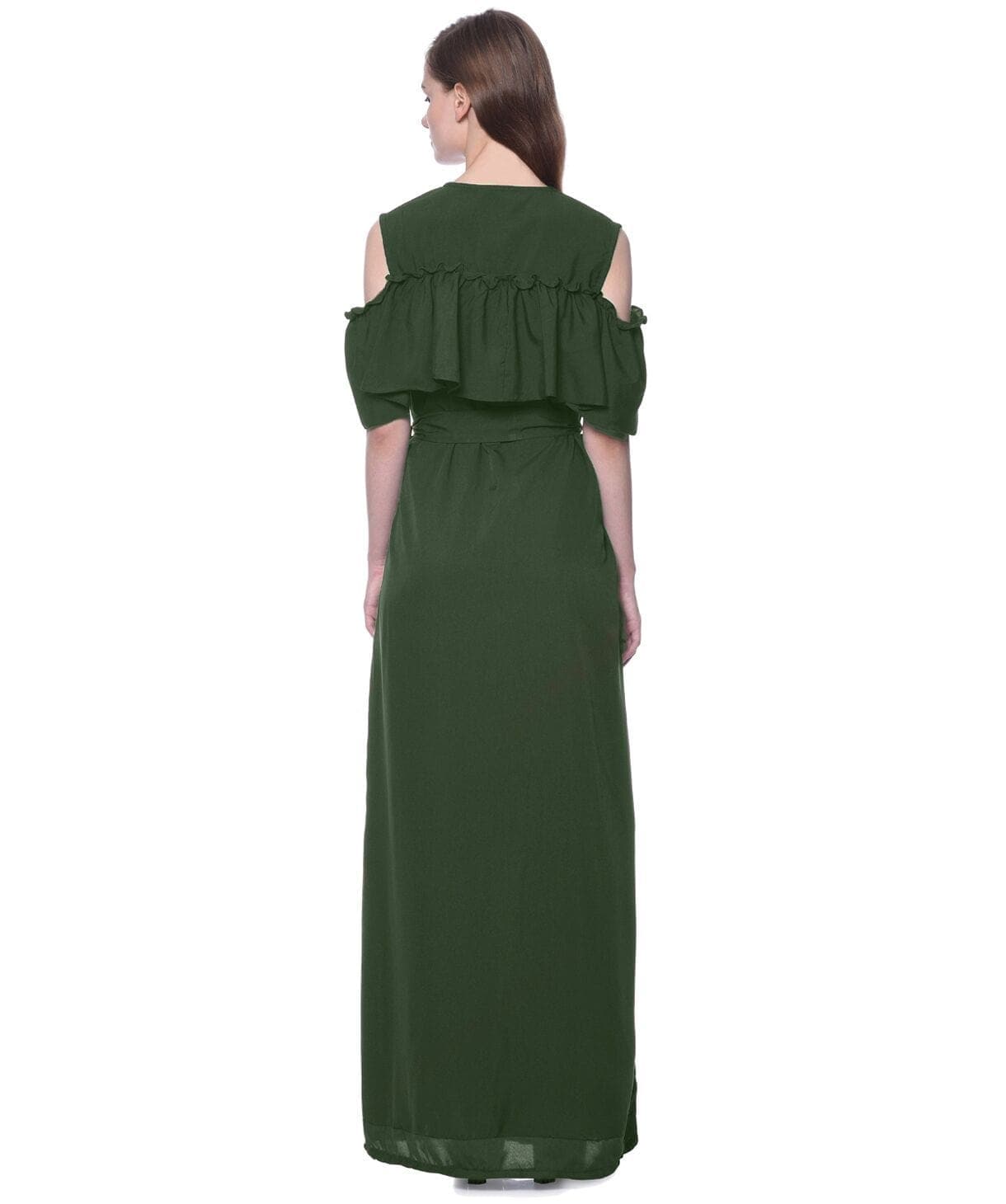 Ruffled Buttoned Cold Shoulder Maxi Dress