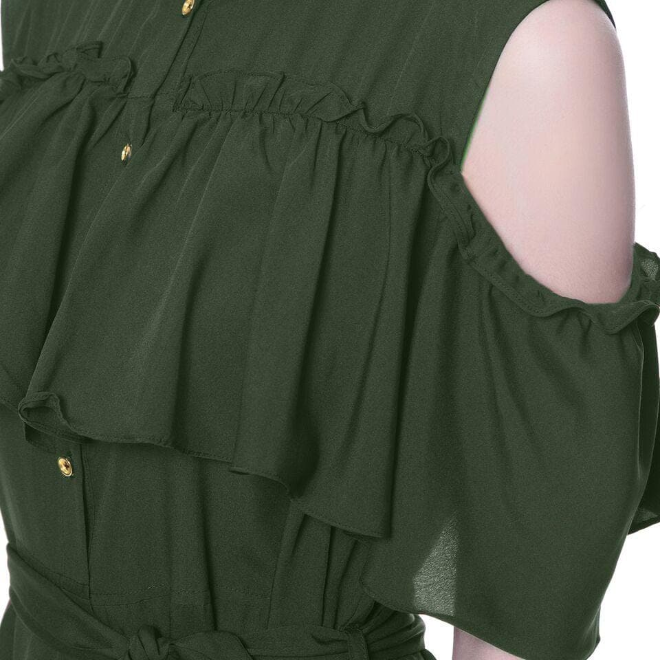 Ruffled Buttoned Cold Shoulder Maxi Dress
