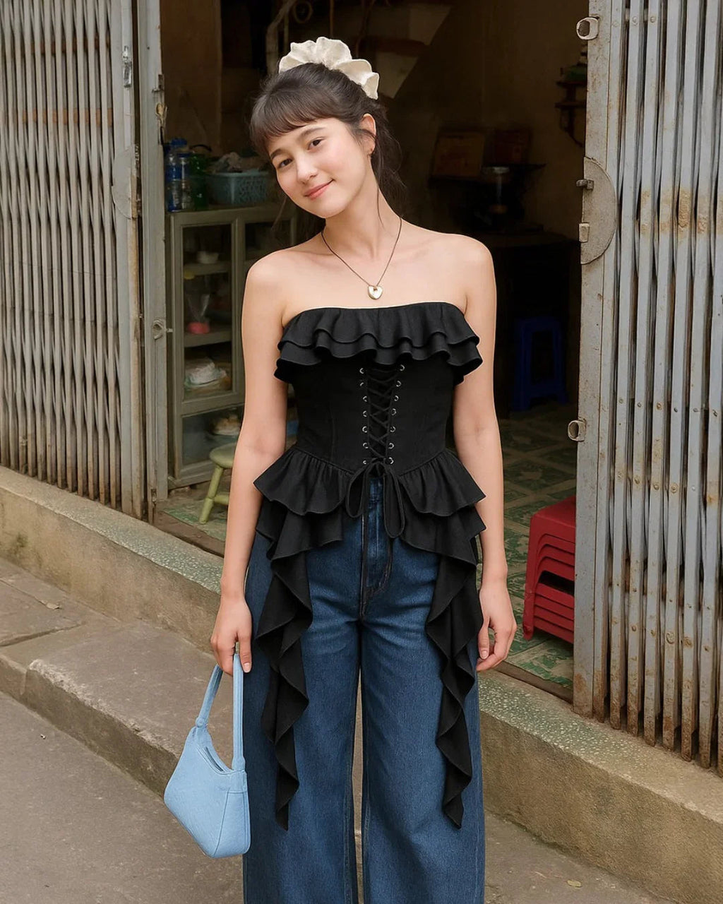 Ruffled Lace up Bandeau Black Crop Top